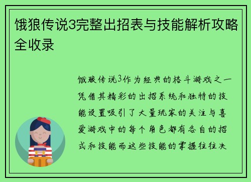 饿狼传说3完整出招表与技能解析攻略全收录